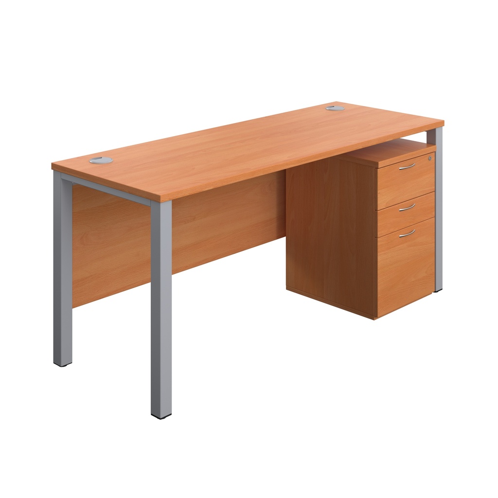 Goal Post Rectangular Desk + 3 Drawer High Mobile Pedestal (FSC) | 1600x600 | Beech/Silver | 