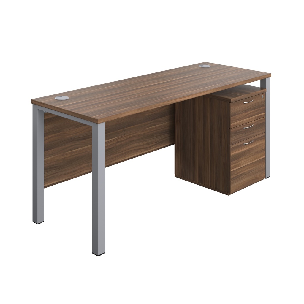 Goal Post Rectangular Desk + 3 Drawer High Mobile Pedestal (FSC) | 1600x600 | Dark Walnut/Silver | 