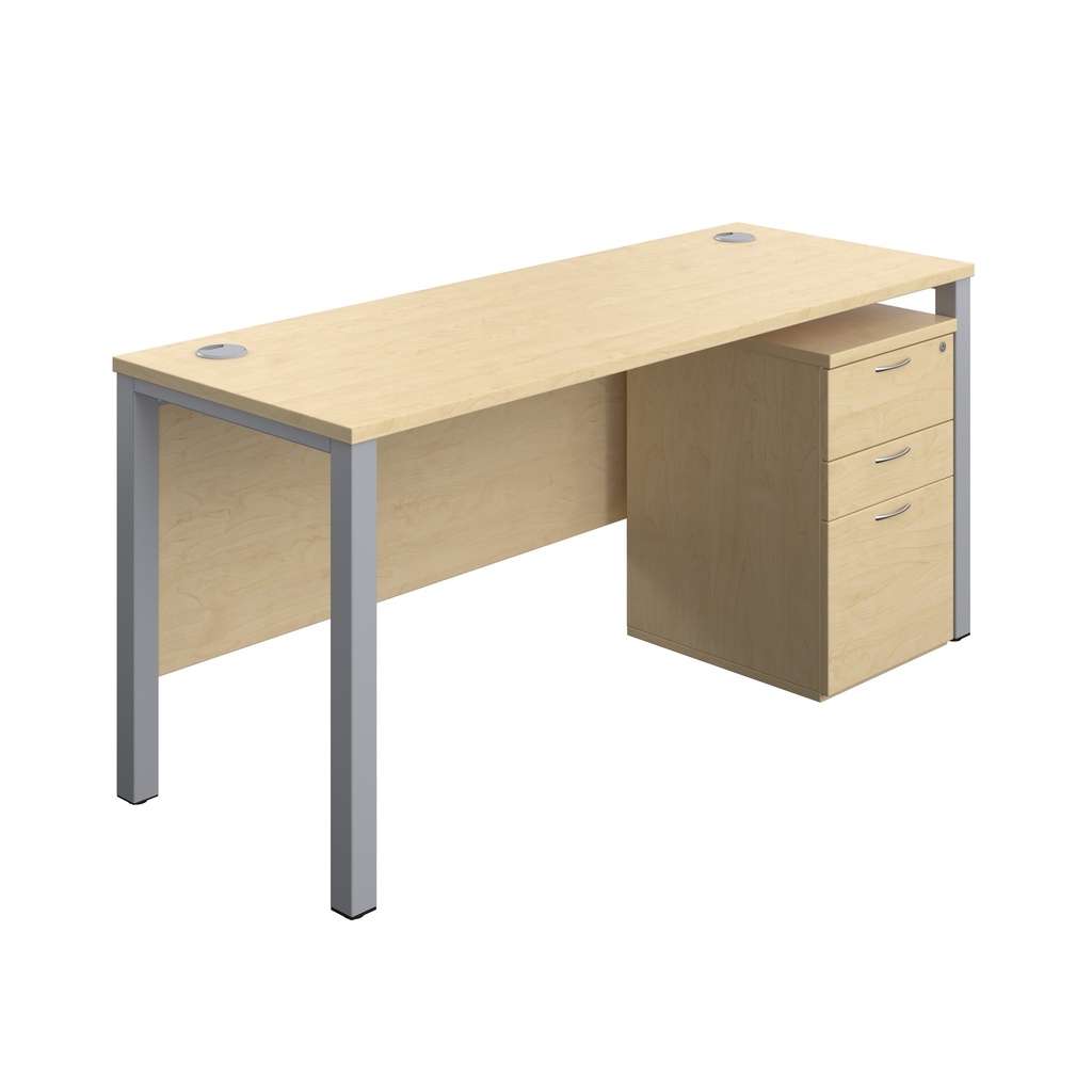 Goal Post Rectangular Desk + 3 Drawer High Mobile Pedestal (FSC) | 1600x600 | Maple/Silver | 