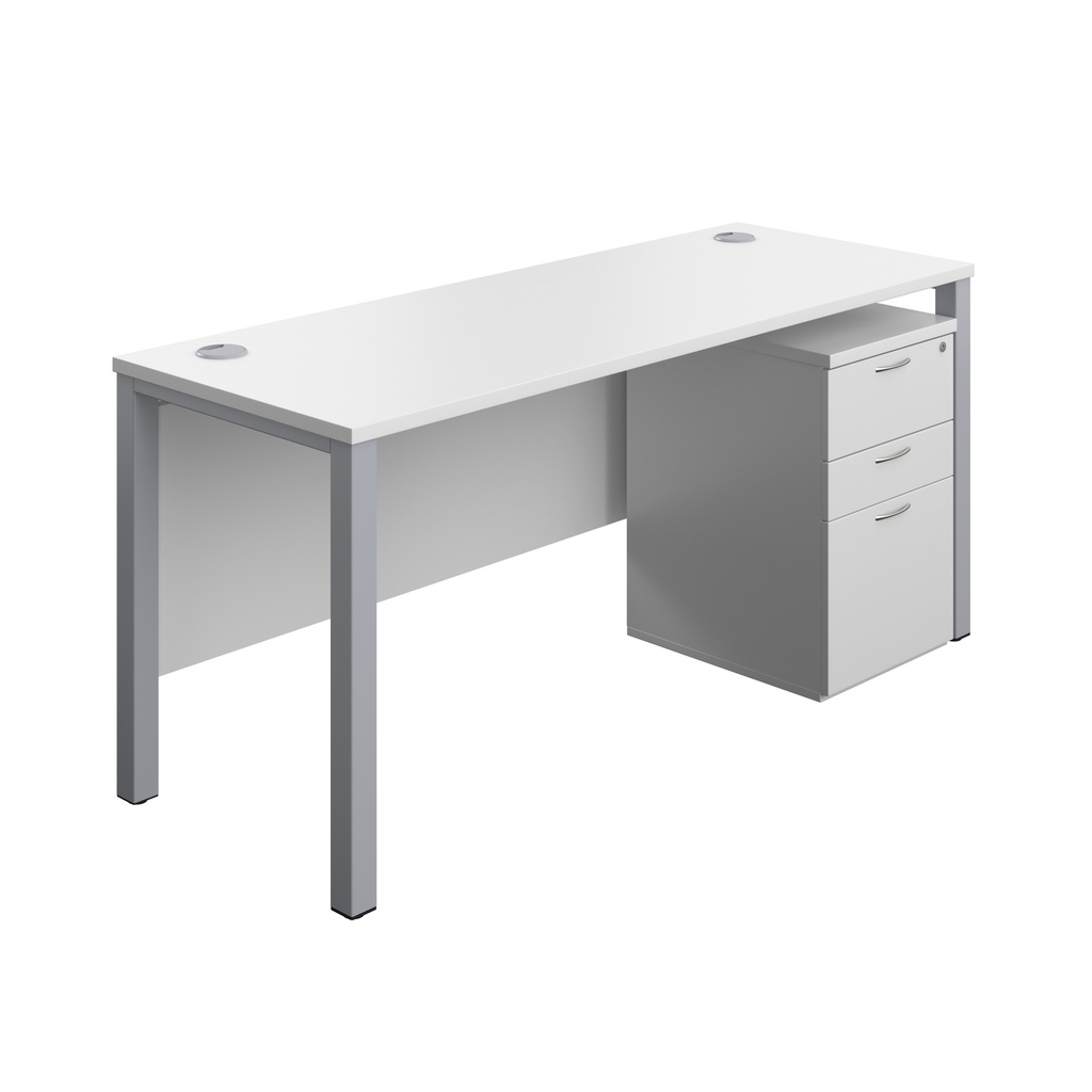 Goal Post Rectangular Desk + 3 Drawer High Mobile Pedestal (FSC) | 1600x600 | White/Silver | 