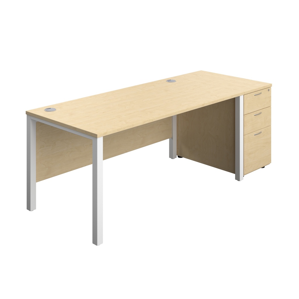 Goal Post Rectangular Desk + 3 Drawer Desk High Pedestal (FSC) | 1600x800 | Maple/White | 