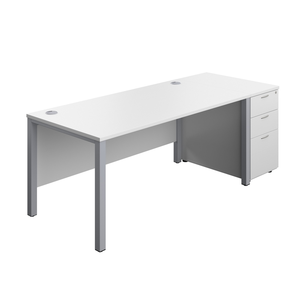 Goal Post Rectangular Desk + 3 Drawer Desk High Pedestal (FSC) | 1600x800 | White/Silver | 