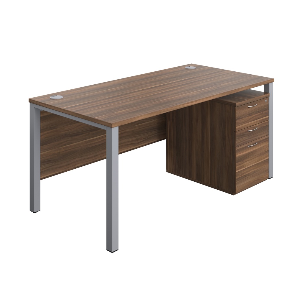 Goal Post Rectangular Desk + 3 Drawer High Mobile Pedestal (FSC) | 1600x800 | Dark Walnut/Silver | 