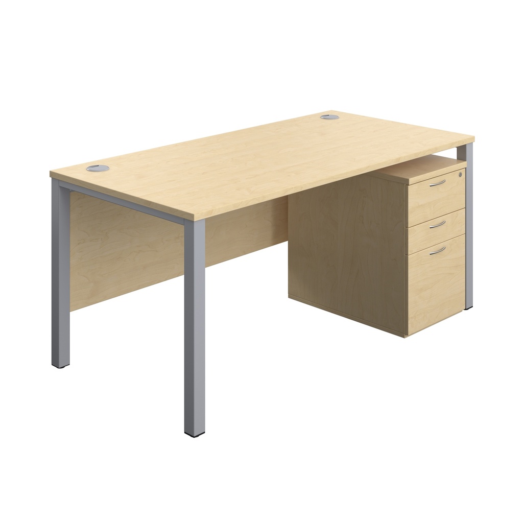 Goal Post Rectangular Desk + 3 Drawer High Mobile Pedestal (FSC) | 1600x800 | Maple/Silver | 