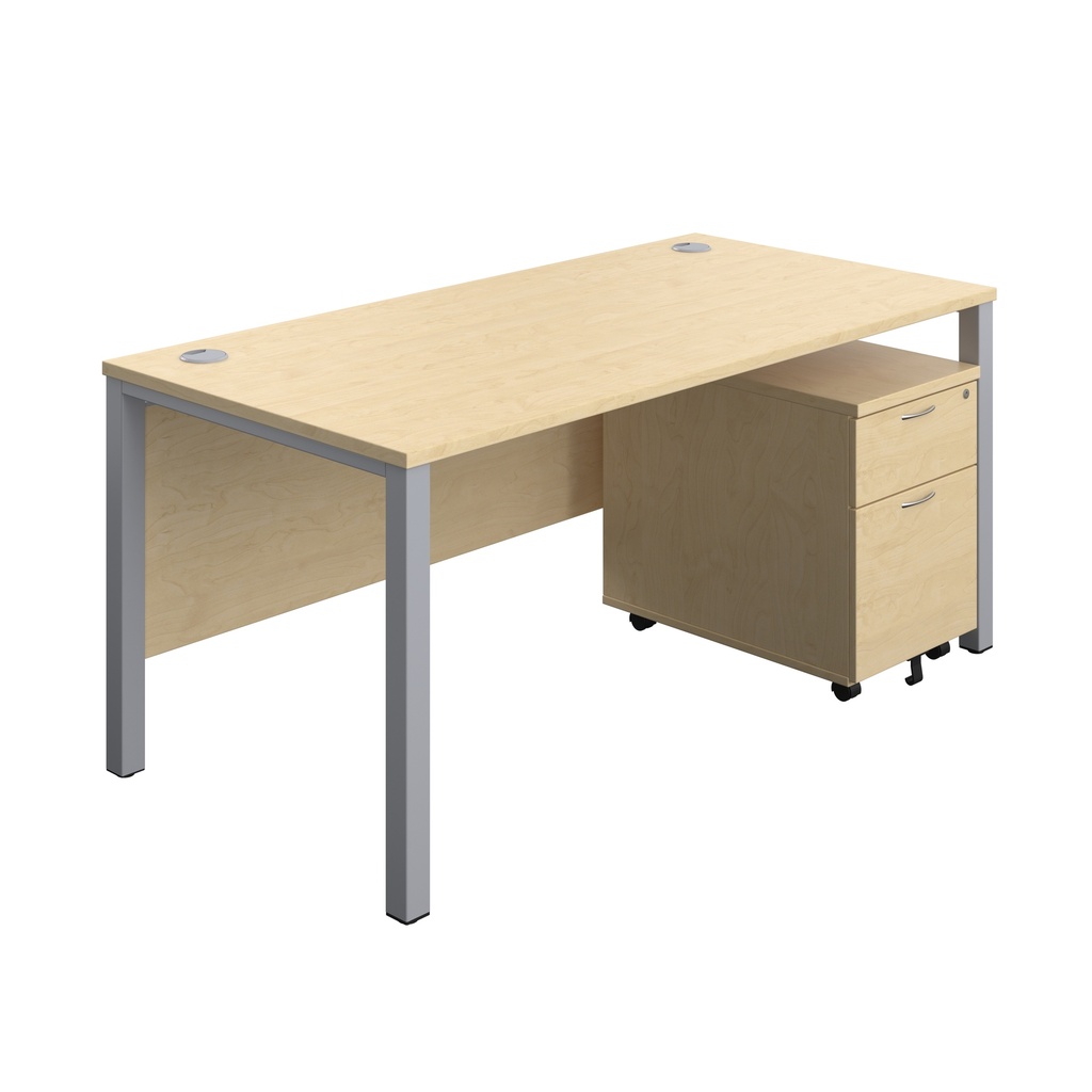 Goal Post Rectangular Desk + 2 Drawer Mobile Pedestal (FSC) | 1600x800 | Maple/Silver | 