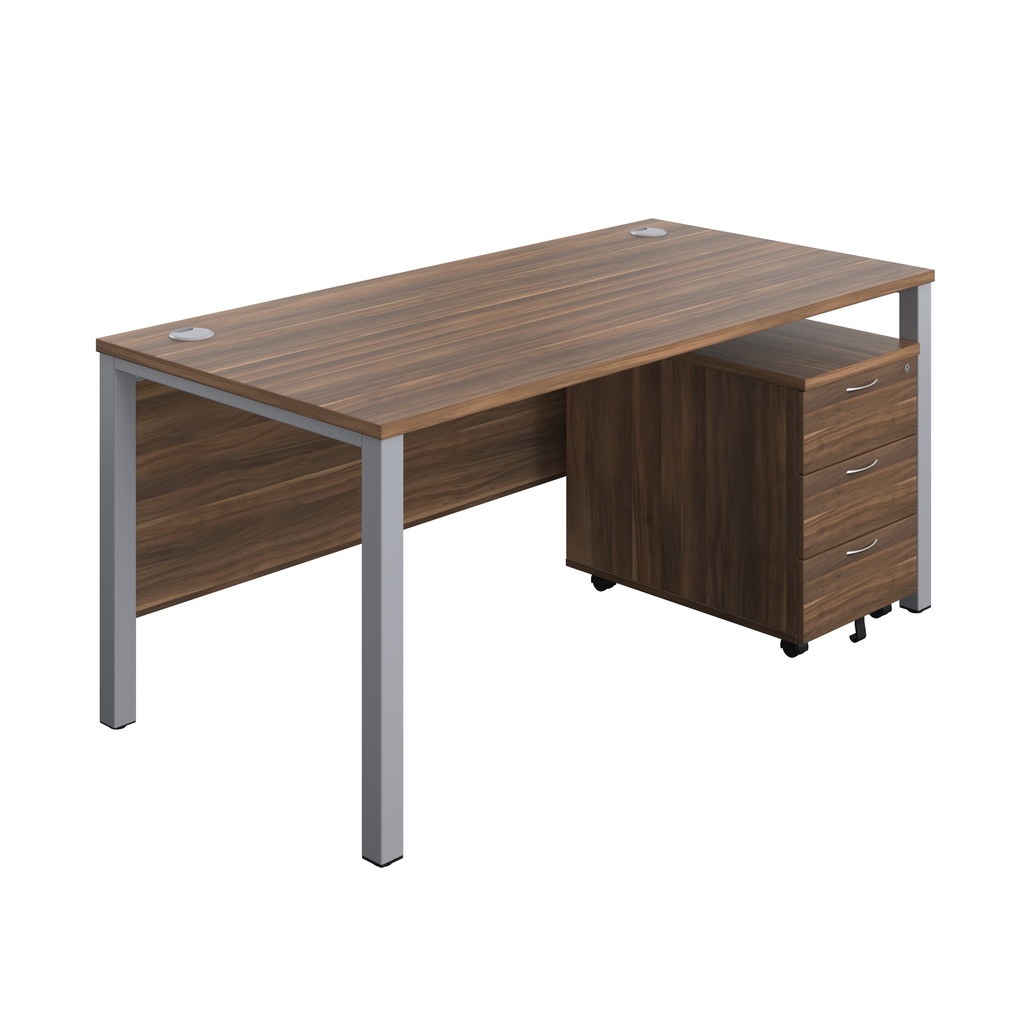 Goal Post Rectangular Desk + 3 Drawer Mobile Pedestal (FSC) | 1600x800 | Dark Walnut/Silver | 