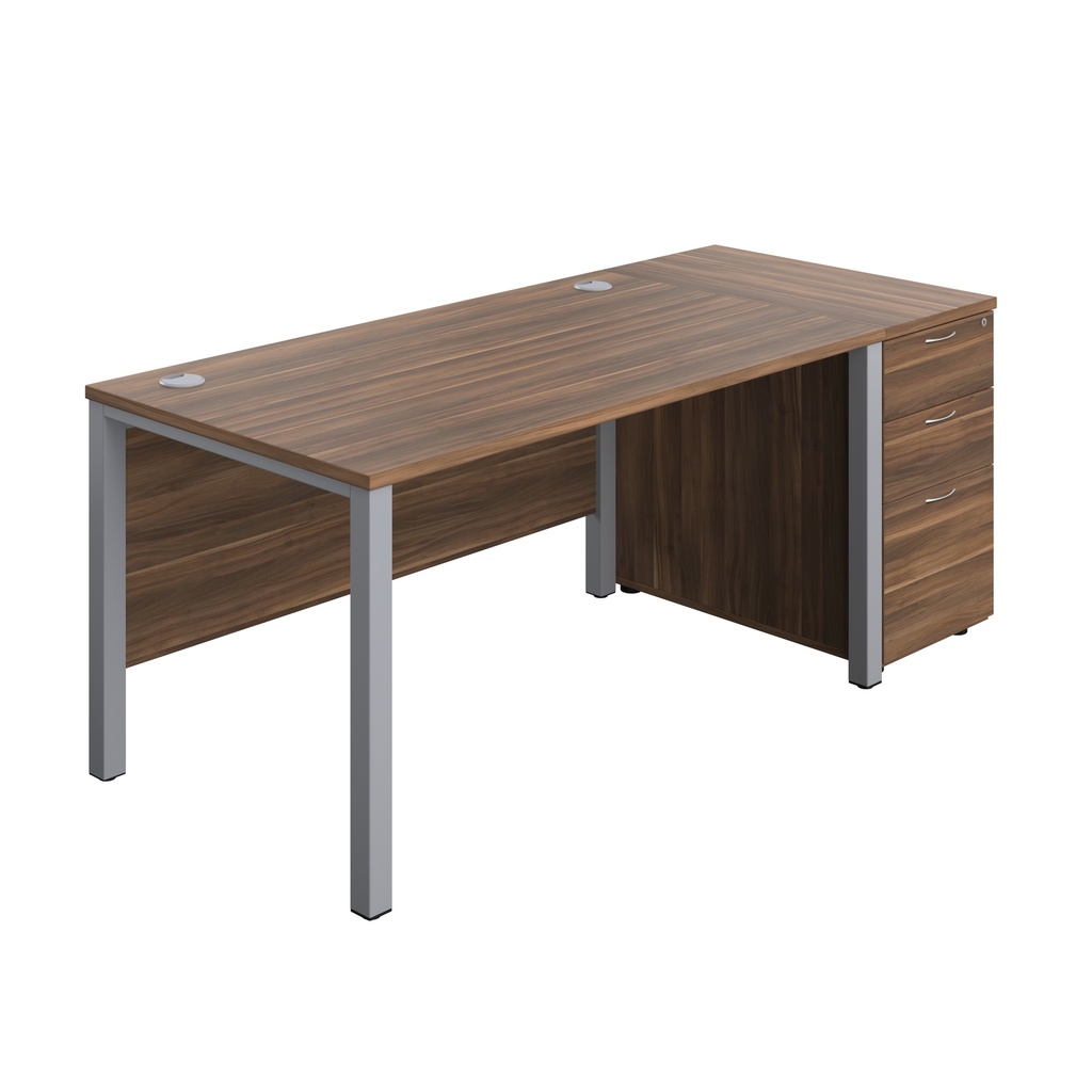 Goal Post Rectangular Desk + 3 Drawer Desk High Pedestal (FSC) | 1400x800 | Dark Walnut/Silver | 