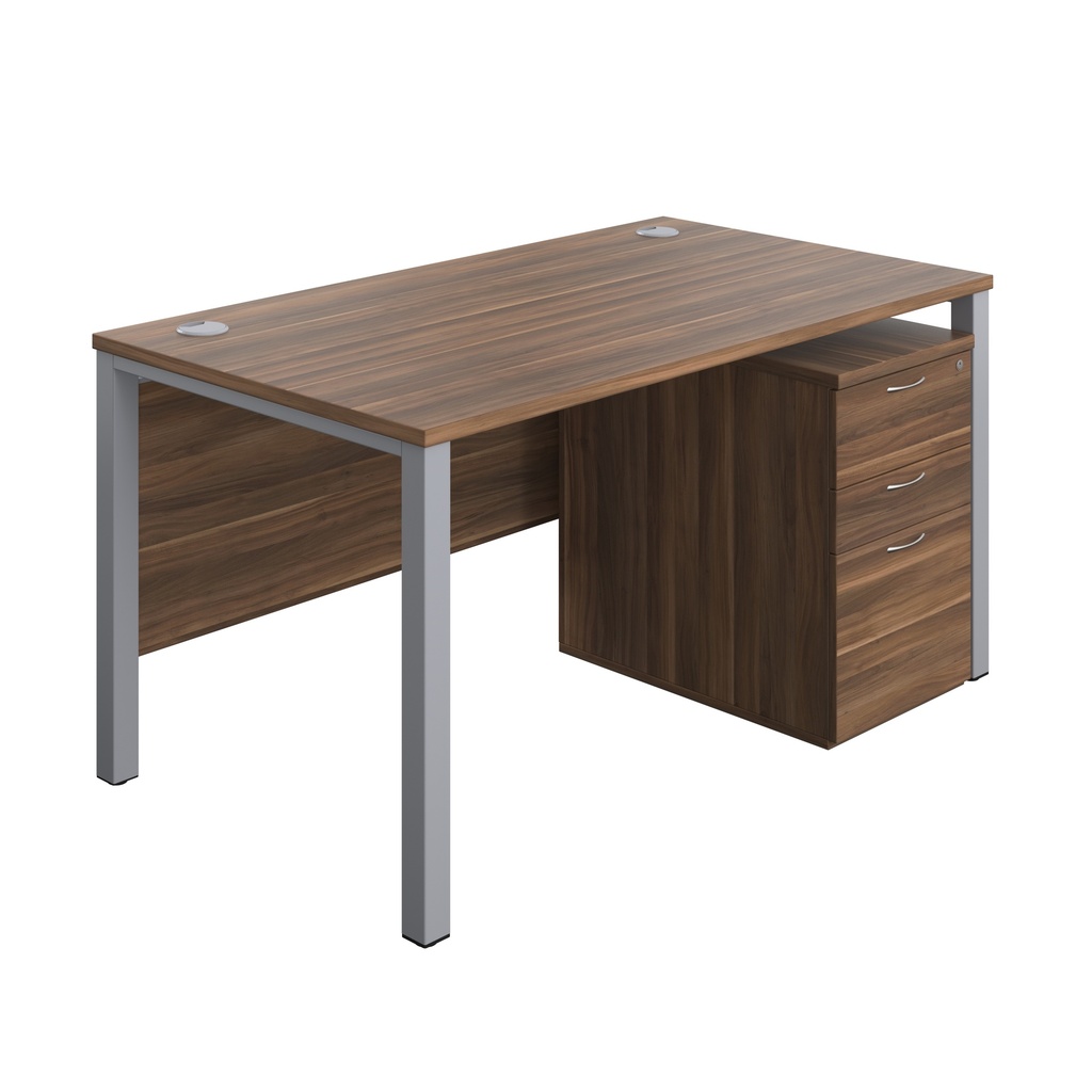 Goal Post Rectangular Desk + 3 Drawer High Mobile Pedestal (FSC) | 1400x800 | Dark Walnut/Silver | 