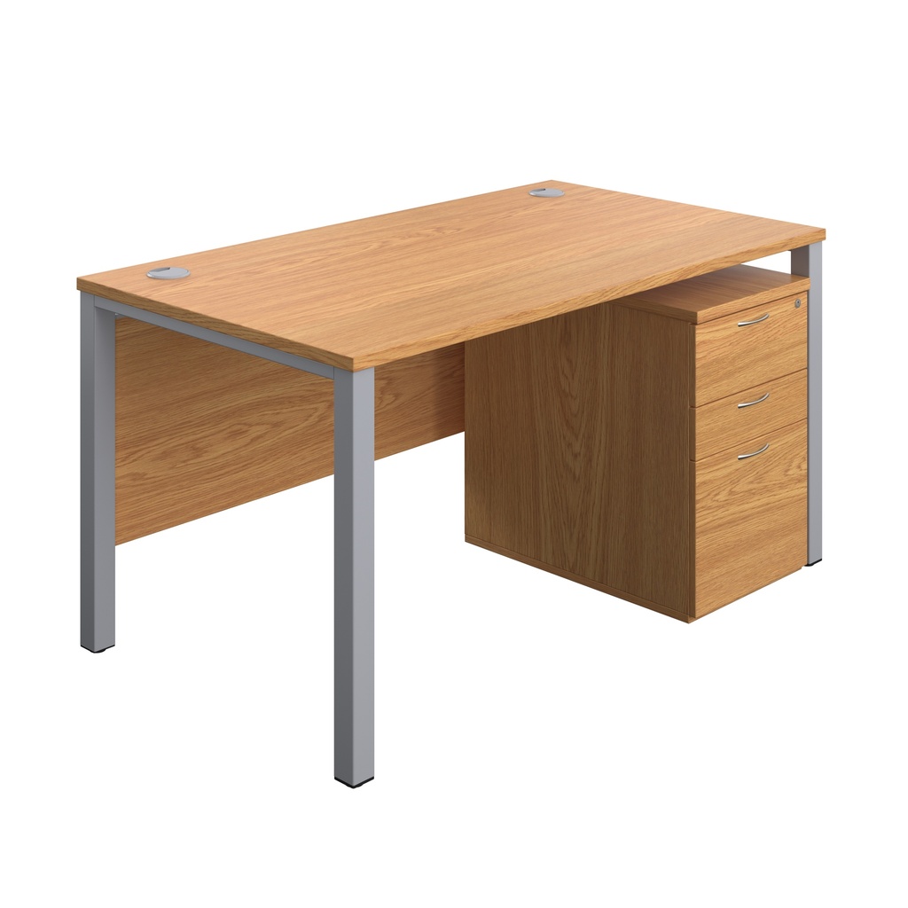 Goal Post Rectangular Desk + 3 Drawer High Mobile Pedestal (FSC) | 1400x800 | Nova oak/Silver | 