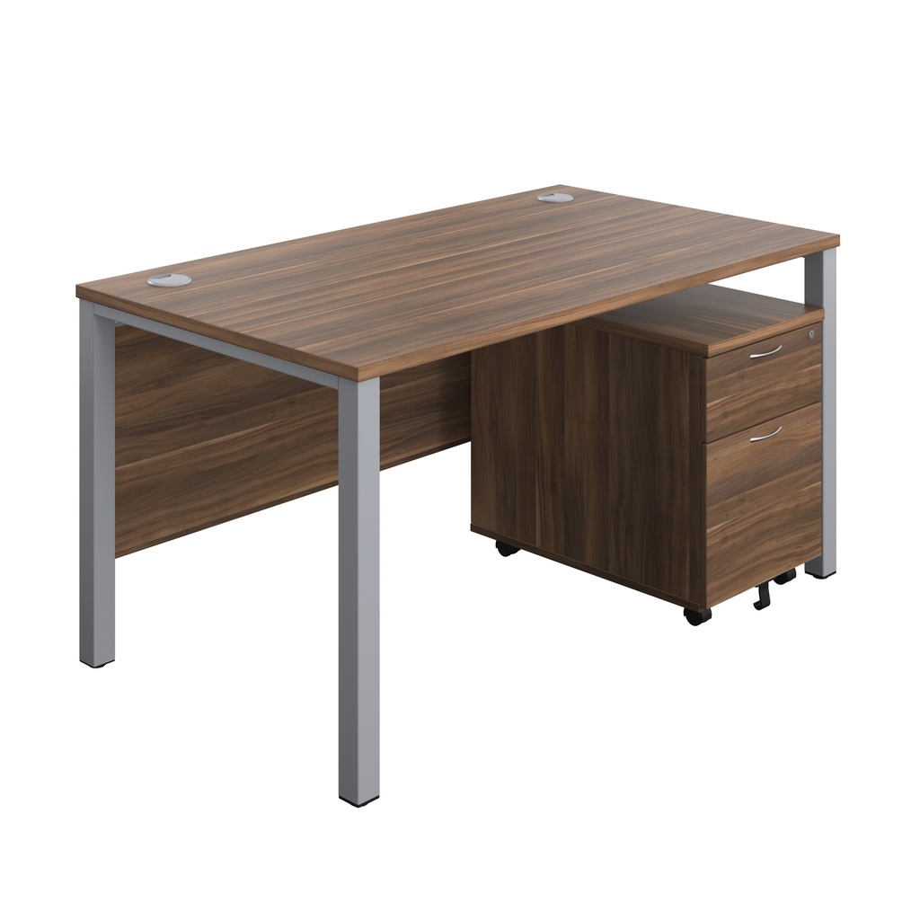 Goal Post Rectangular Desk + 2 Drawer Mobile Pedestal (FSC) | 1400x800 | Dark Walnut/Silver | 