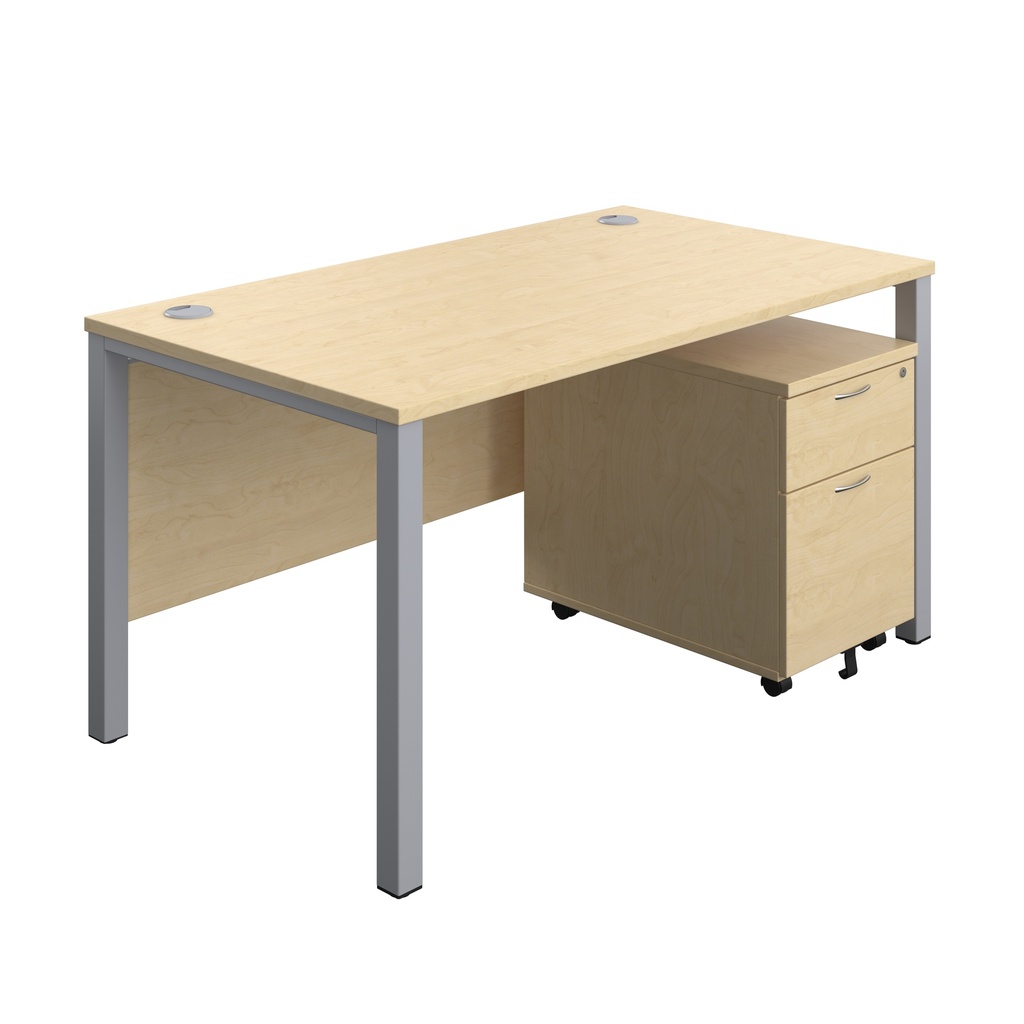 Goal Post Rectangular Desk + 2 Drawer Mobile Pedestal (FSC) | 1400x800 | Maple/Silver | 