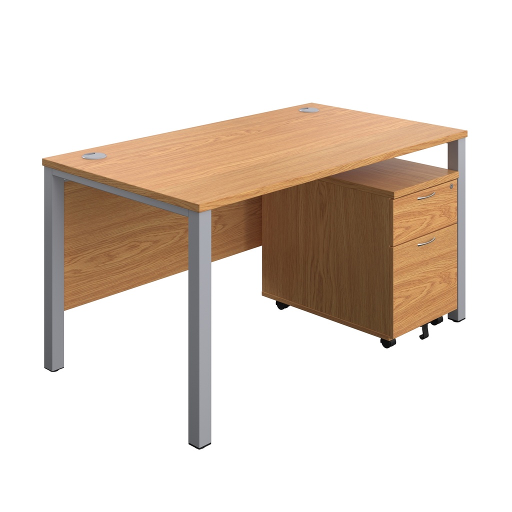 Goal Post Rectangular Desk + 2 Drawer Mobile Pedestal (FSC) | 1400x800 | Nova oak/Silver | 