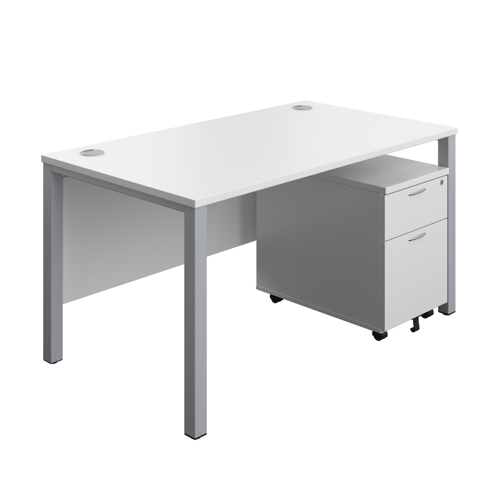 Goal Post Rectangular Desk + 2 Drawer Mobile Pedestal (FSC) | 1400x800 | White/Silver | 