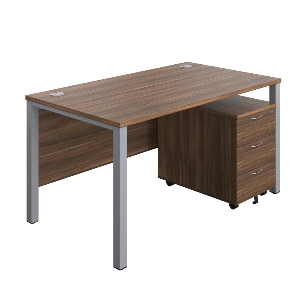 Goal Post Rectangular Desk + 3 Drawer Mobile Pedestal (FSC) | 1400x800 | Dark Walnut/Silver | 