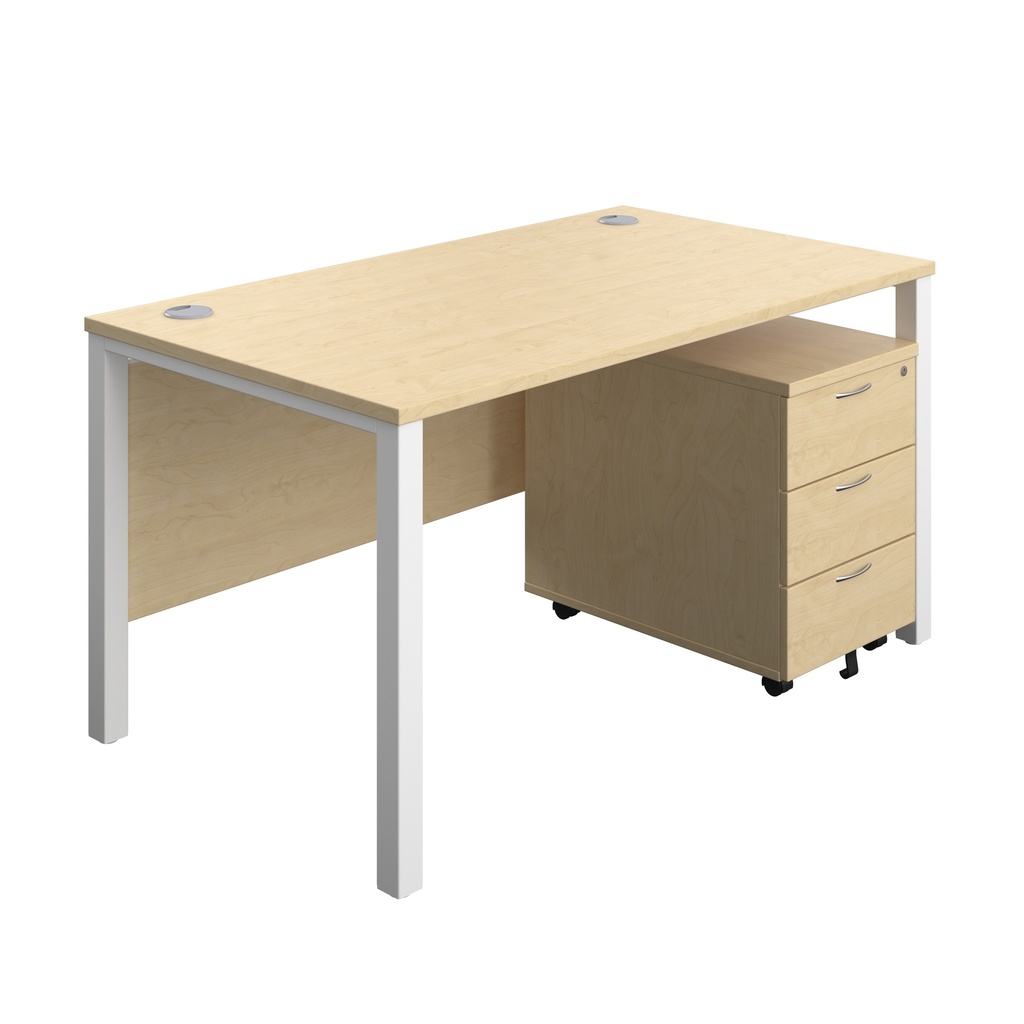 Goal Post Rectangular Desk + 3 Drawer Mobile Pedestal (FSC) | 1400x800 | Maple/White | 