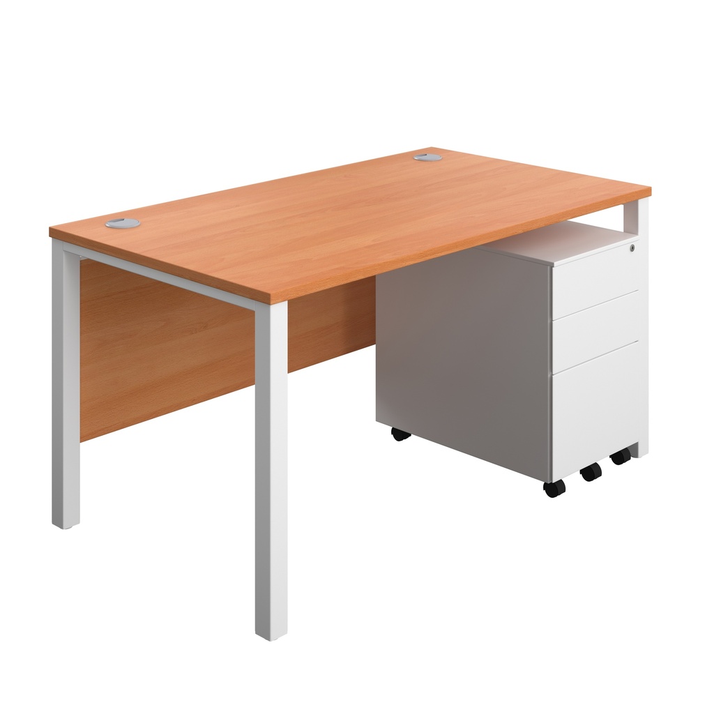 Goal Post Rectangular Desk + 3 Drawer Steel Pedestal (FSC) | 1400x800 | Beech/White | 