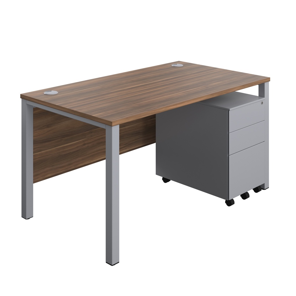 Goal Post Rectangular Desk + 3 Drawer Steel Pedestal (FSC) | 1400x800 | Dark Walnut/Silver | 