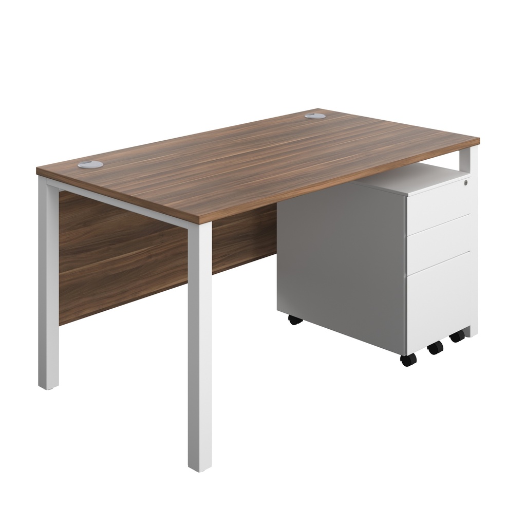 Goal Post Rectangular Desk + 3 Drawer Steel Pedestal (FSC) | 1400x800 | Dark walnut/White | 