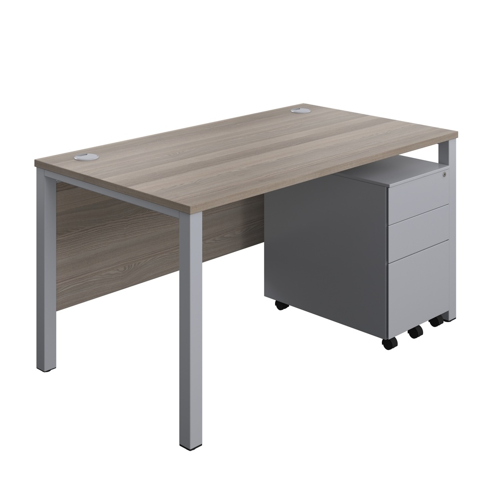 Goal Post Rectangular Desk + 3 Drawer Steel Pedestal (FSC) | 1400x800 | Grey oak/Silver | 