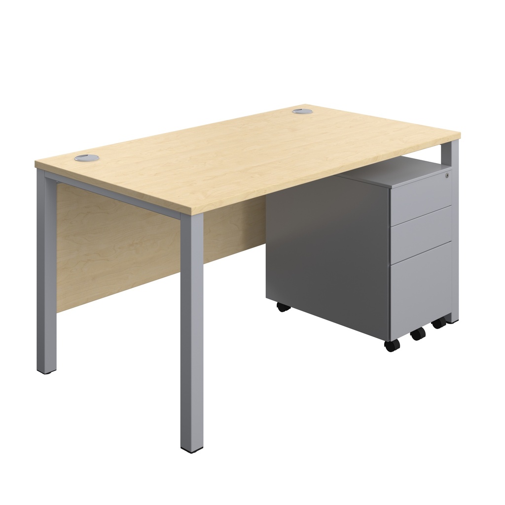 Goal Post Rectangular Desk + 3 Drawer Steel Pedestal (FSC) | 1400x800 | Maple/Silver | 