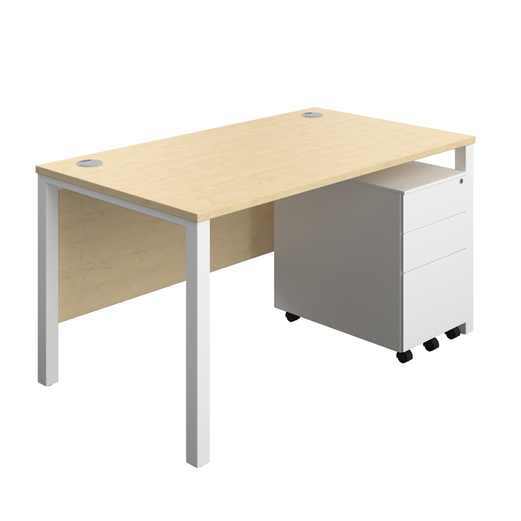 Goal Post Rectangular Desk + 3 Drawer Steel Pedestal (FSC) | 1400x800 | Maple/White | 