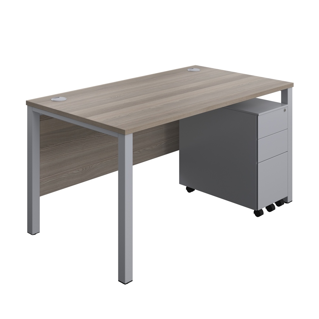 Goal Post Rectangular Desk + 3 Drawer Slimline Steel Pedestal (FSC) | 1400x800 | Grey oak/Silver | 