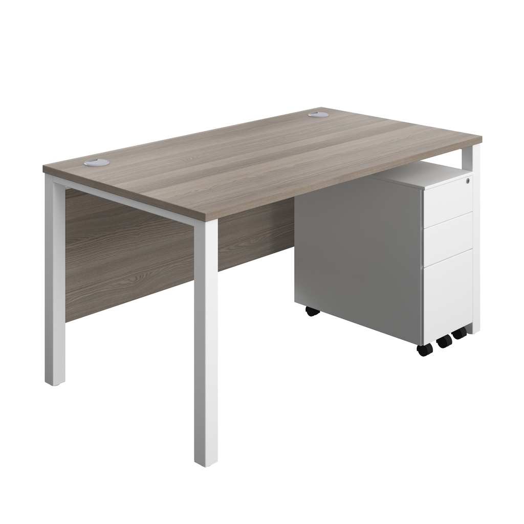 Goal Post Rectangular Desk + 3 Drawer Slimline Steel Pedestal (FSC) | 1400x800 | Grey oak/White | 