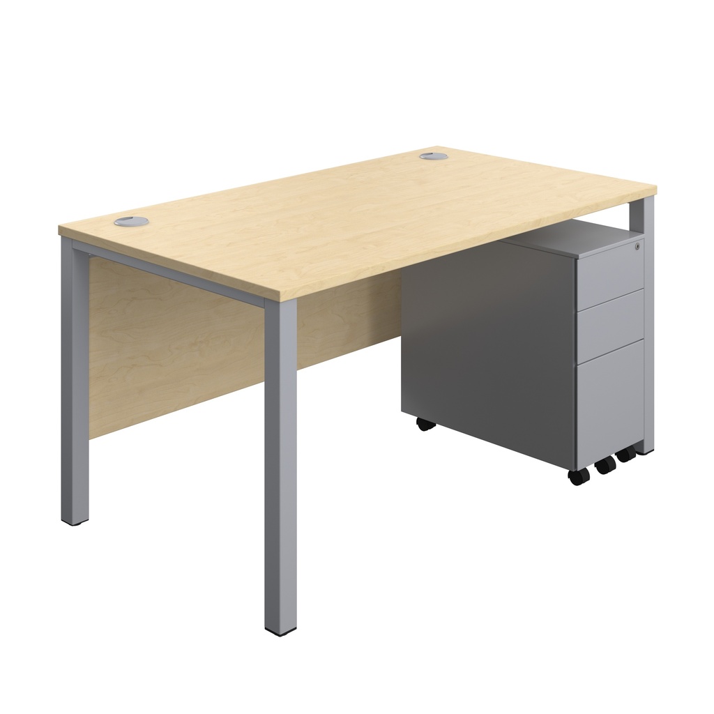 Goal Post Rectangular Desk + 3 Drawer Slimline Steel Pedestal (FSC) | 1400x800 | Maple/Silver | 