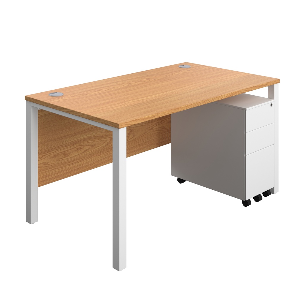 Goal Post Rectangular Desk + 3 Drawer Slimline Steel Pedestal (FSC) | 1400x800 | Nova oak/White | 