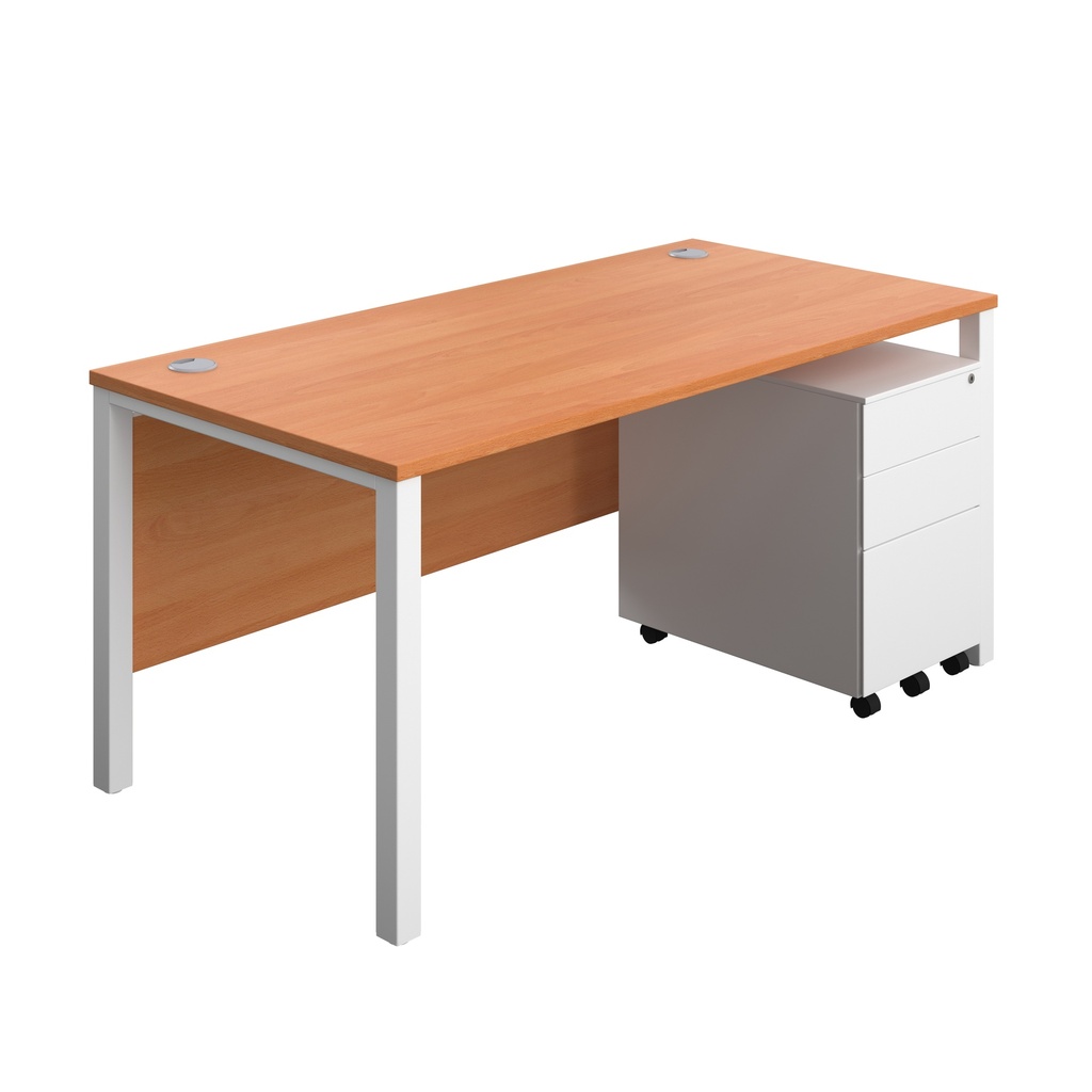 Goal Post Rectangular Desk + 3 Drawer Steel Pedestal (FSC) | 1600x800 | Beech/White | 