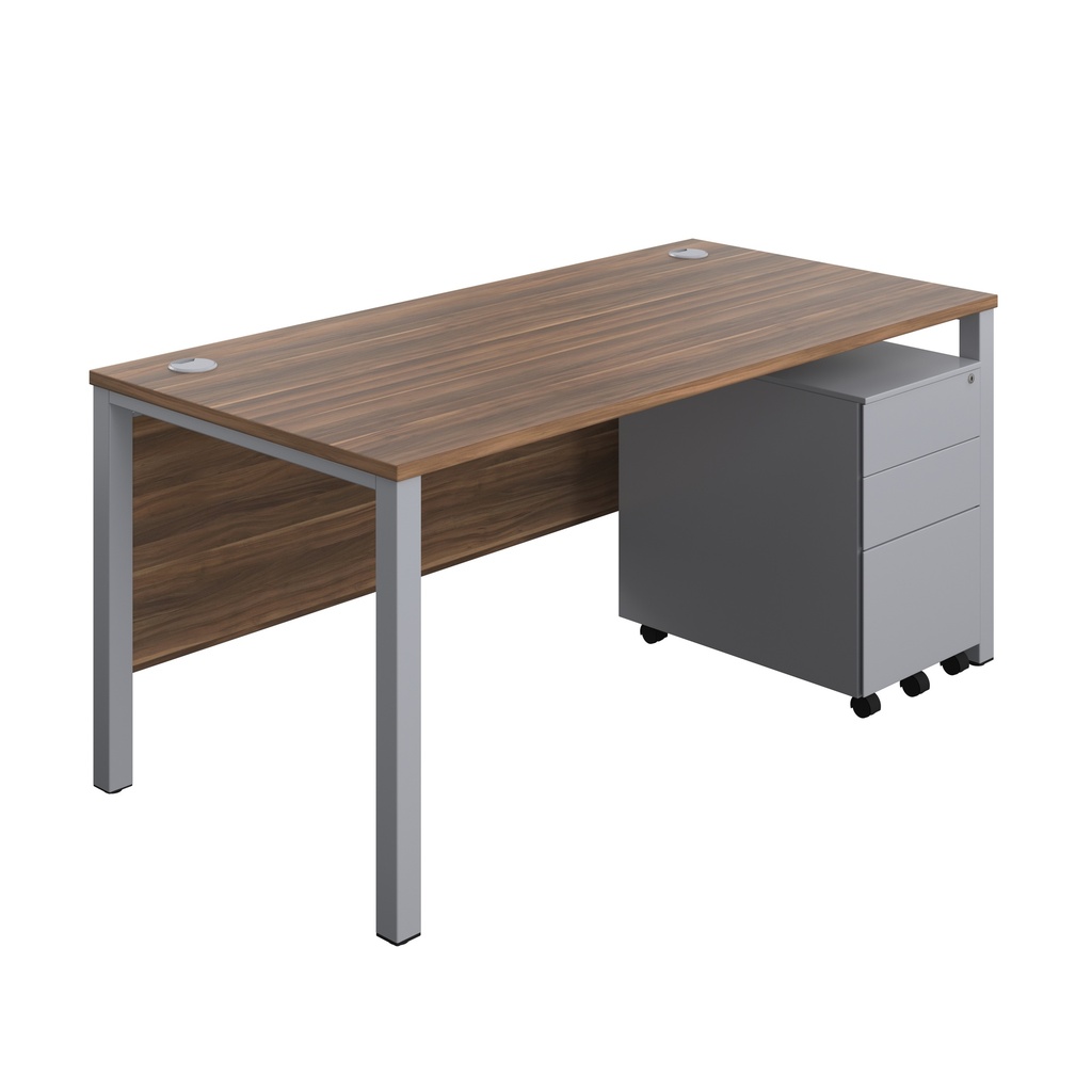 Goal Post Rectangular Desk + 3 Drawer Steel Pedestal (FSC) | 1600x800 | Dark Walnut/Silver | 