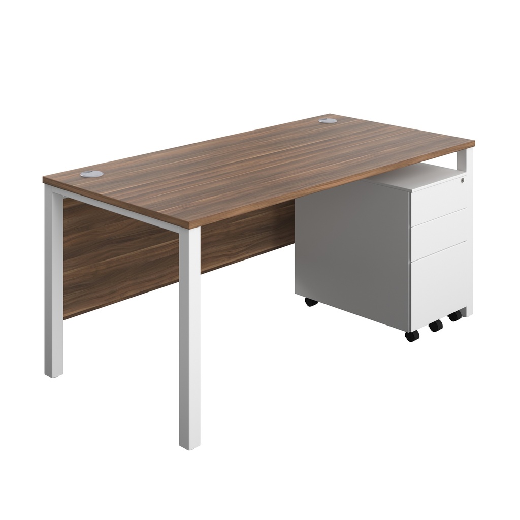 Goal Post Rectangular Desk + 3 Drawer Steel Pedestal (FSC) | 1600x800 | Dark walnut/White | 