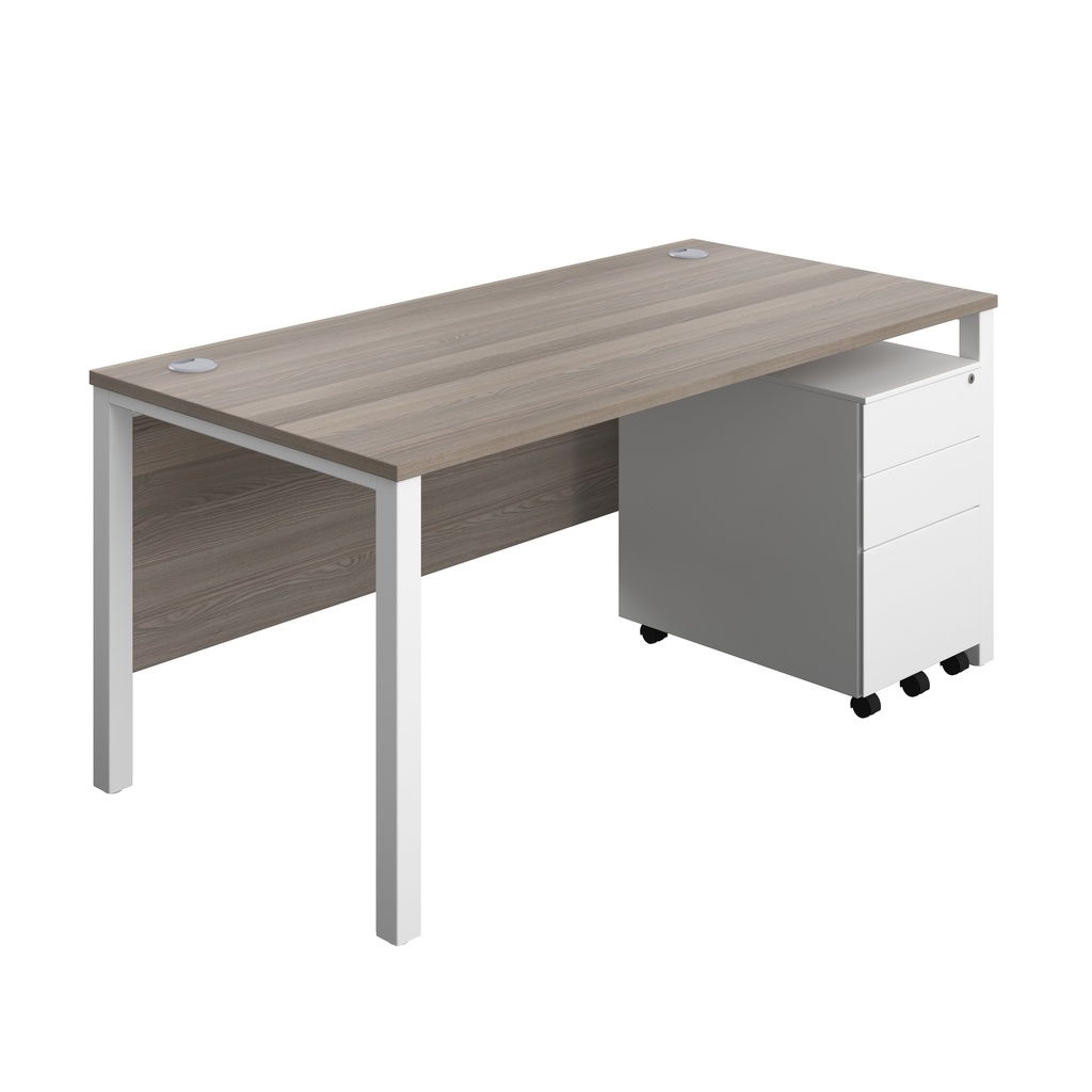 Goal Post Rectangular Desk + 3 Drawer Steel Pedestal (FSC) | 1600x800 | Grey oak/White | 