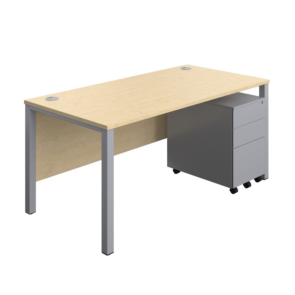 Goal Post Rectangular Desk + 3 Drawer Steel Pedestal (FSC) | 1600x800 | Maple/Silver | 