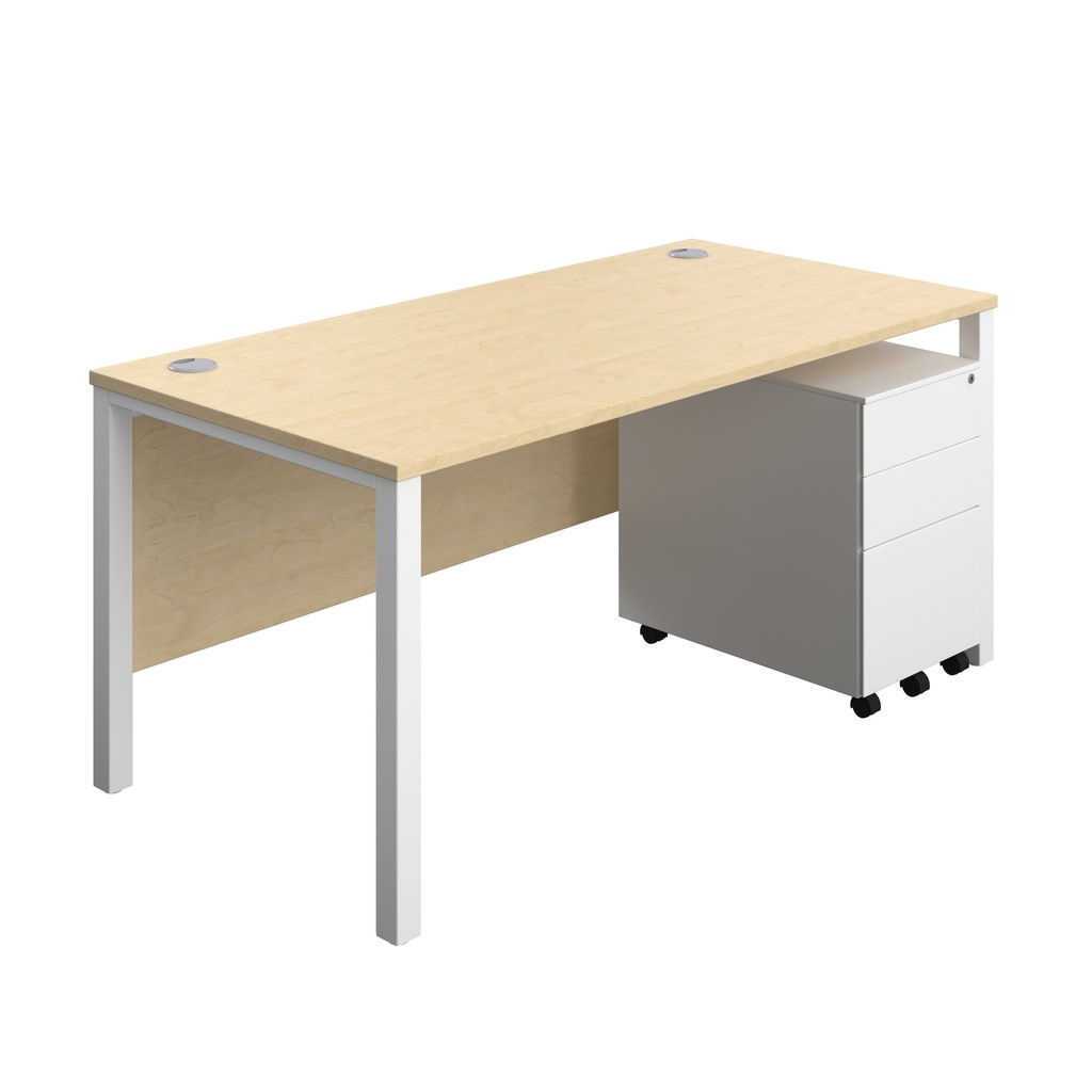 Goal Post Rectangular Desk + 3 Drawer Steel Pedestal (FSC) | 1600x800 | Maple/White | 