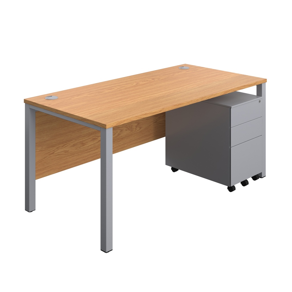 Goal Post Rectangular Desk + 3 Drawer Steel Pedestal (FSC) | 1600x800 | Nova oak/Silver | 