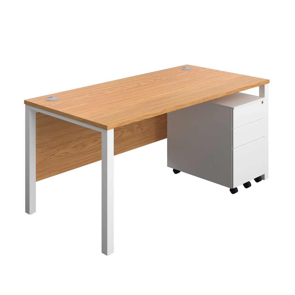 Goal Post Rectangular Desk + 3 Drawer Steel Pedestal (FSC) | 1600x800 | Nova oak/White | 