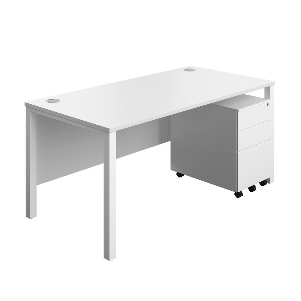 Goal Post Rectangular Desk + 3 Drawer Steel Pedestal (FSC) | 1600x800 | White/White | 