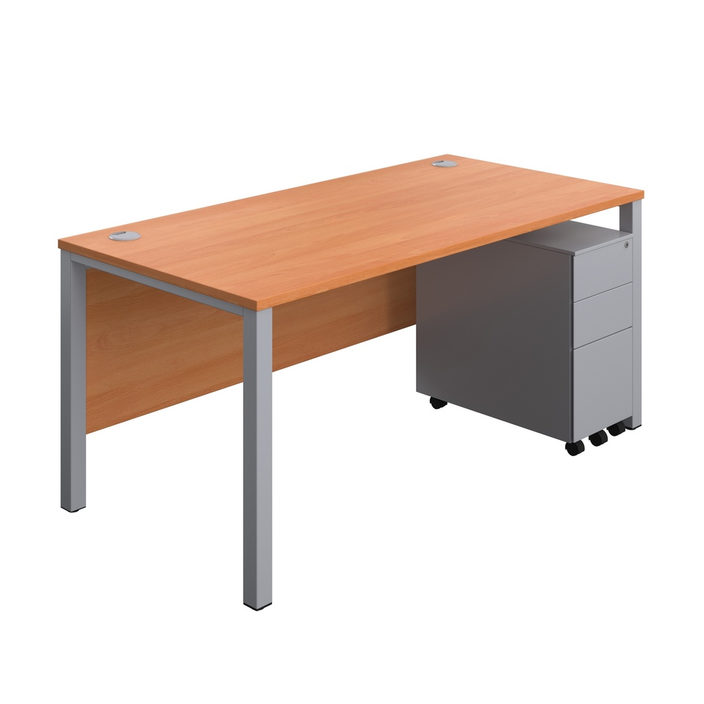 Goal Post Rectangular Desk + 3 Drawer Slimline Steel Pedestal (FSC) | 1600x800 | Beech/Silver | 