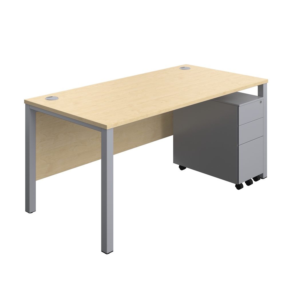 Goal Post Rectangular Desk + 3 Drawer Slimline Steel Pedestal (FSC) | 1600x800 | Maple/Silver | 