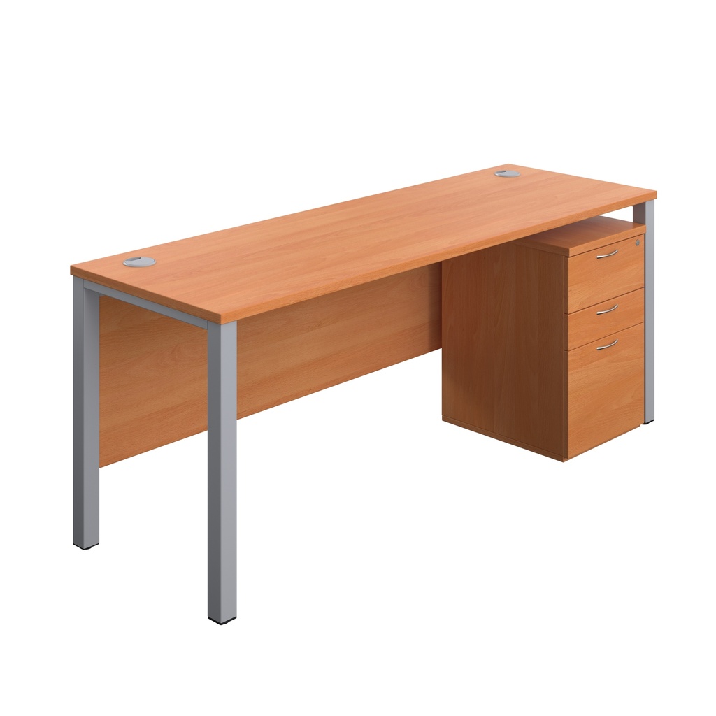 Goal Post Rectangular Desk + 3 Drawer High Mobile Pedestal (FSC) | 1800x600 | Beech/Silver | 