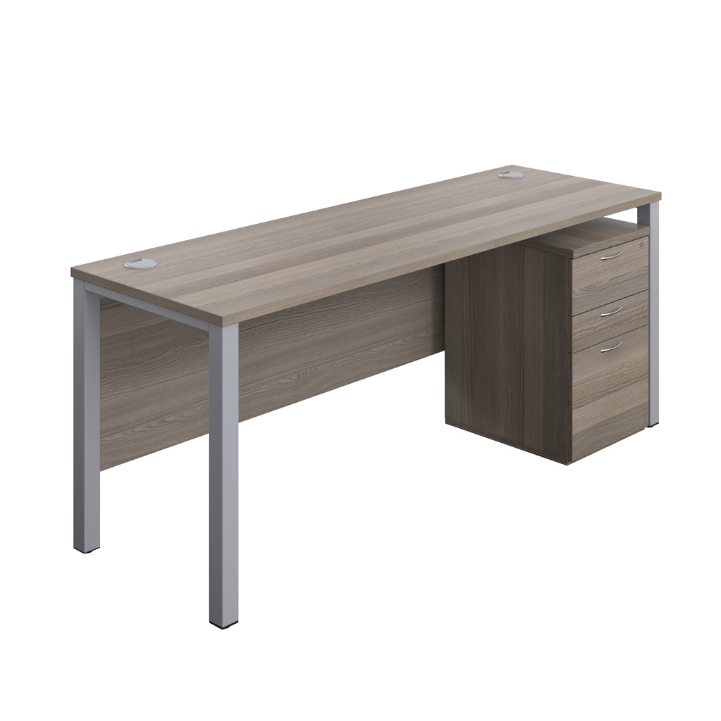 Goal Post Rectangular Desk + 3 Drawer High Mobile Pedestal (FSC) | 1800x600 | Grey oak/Silver | 