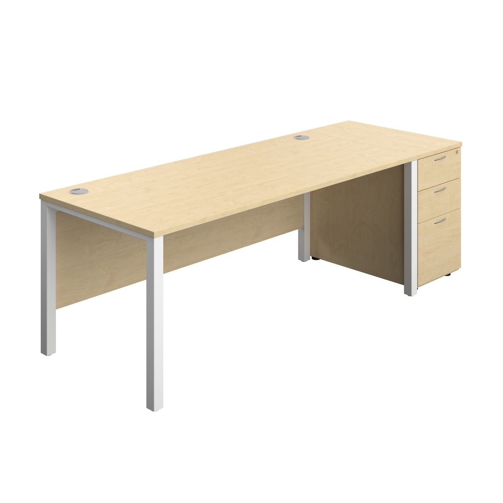 Goal Post Rectangular Desk + 3 Drawer Desk High Pedestal (FSC) | 1800x800 | Maple/White | 