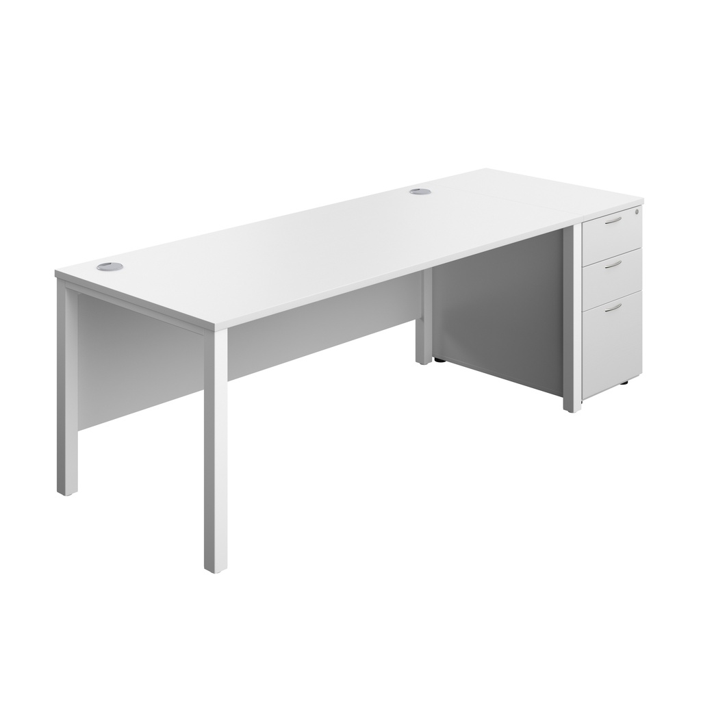 Goal Post Rectangular Desk + 3 Drawer Desk High Pedestal (FSC) | 1800x800 | White/White | 