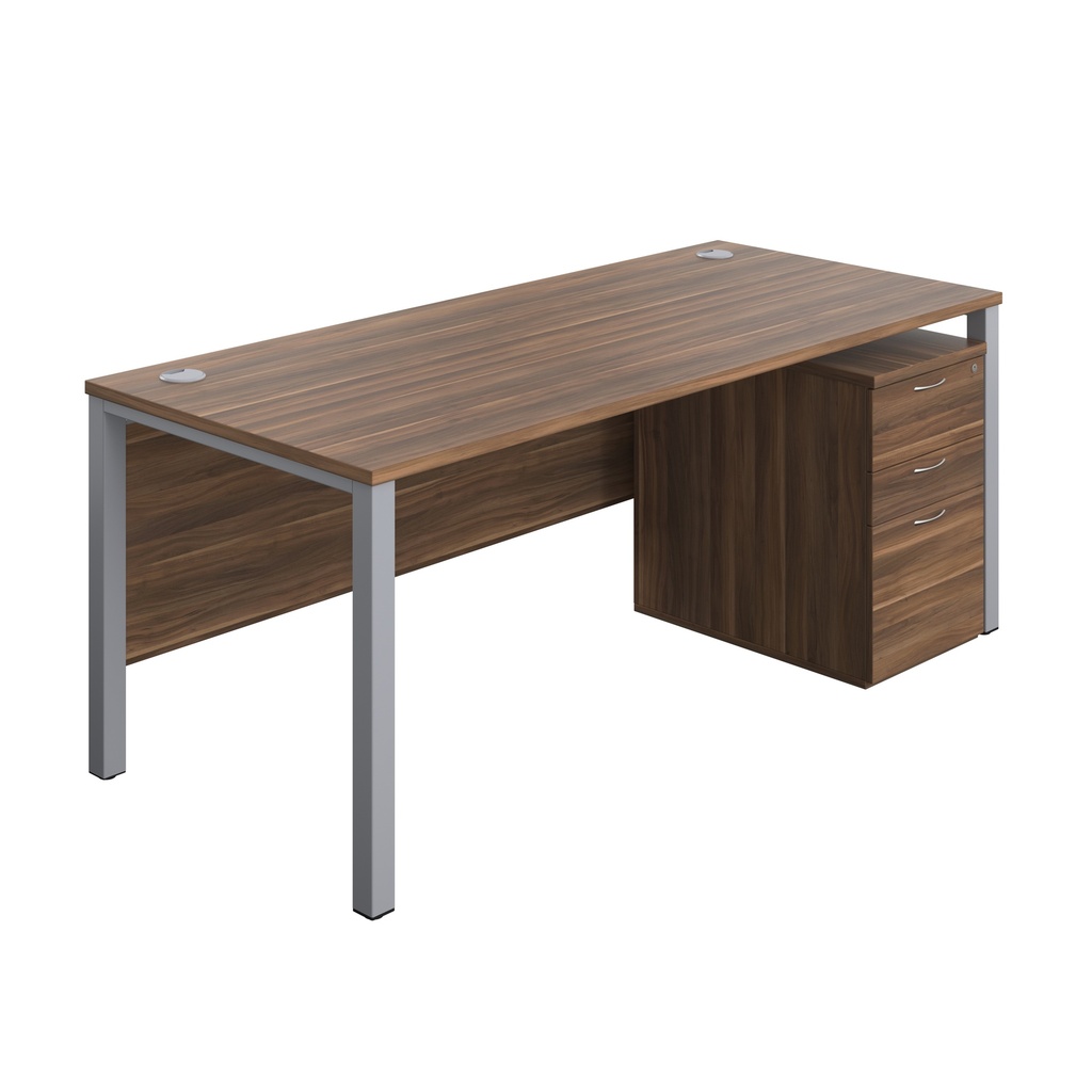 Goal Post Rectangular Desk + 3 Drawer High Mobile Pedestal (FSC) | 1800x800 | Dark Walnut/Silver | 