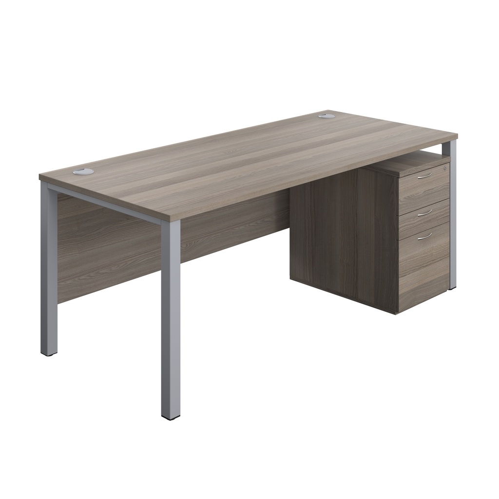 Goal Post Rectangular Desk + 3 Drawer High Mobile Pedestal (FSC) | 1800x800 | Grey oak/Silver | 