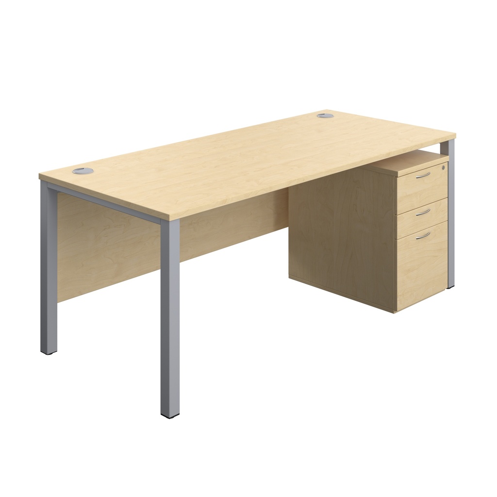 Goal Post Rectangular Desk + 3 Drawer High Mobile Pedestal (FSC) | 1800x800 | Maple/Silver | 