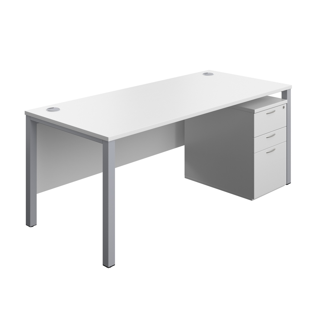 Goal Post Rectangular Desk + 3 Drawer High Mobile Pedestal (FSC) | 1800x800 | White/Silver | 