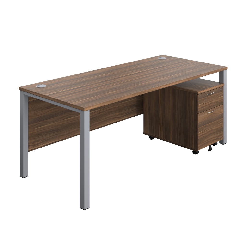 Goal Post Rectangular Desk + 2 Drawer Mobile Pedestal (FSC) | 1800x800 | Dark Walnut/Silver | 