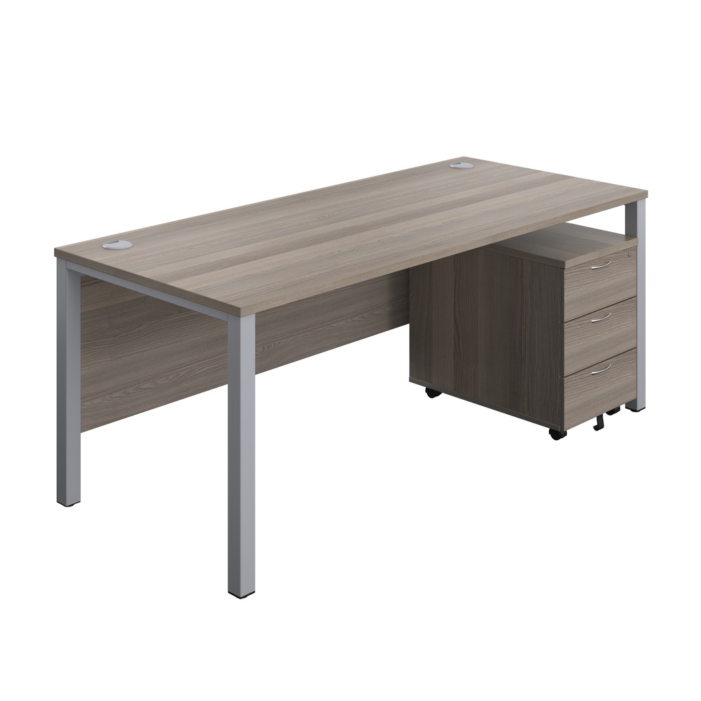 Goal Post Rectangular Desk + 3 Drawer Mobile Pedestal (FSC) | 1800x800 | Grey oak/Silver | 